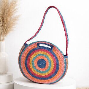 Bohemian Braided Round Jute Multi Color Tote Bag
